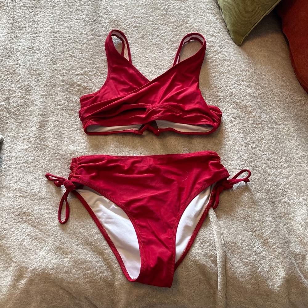 Red two piece swim suit